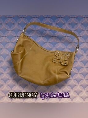Currency by Helen Welsh Tan Shoulder Hobo Bag with Floral Embellishment